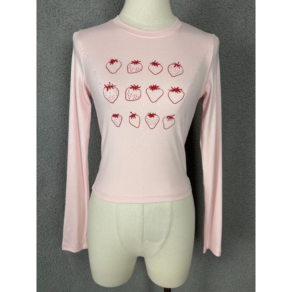 Just Polly Juniors' Graphic  Strawberry Print Long-Sleeve Tee Pink Small NWT's.